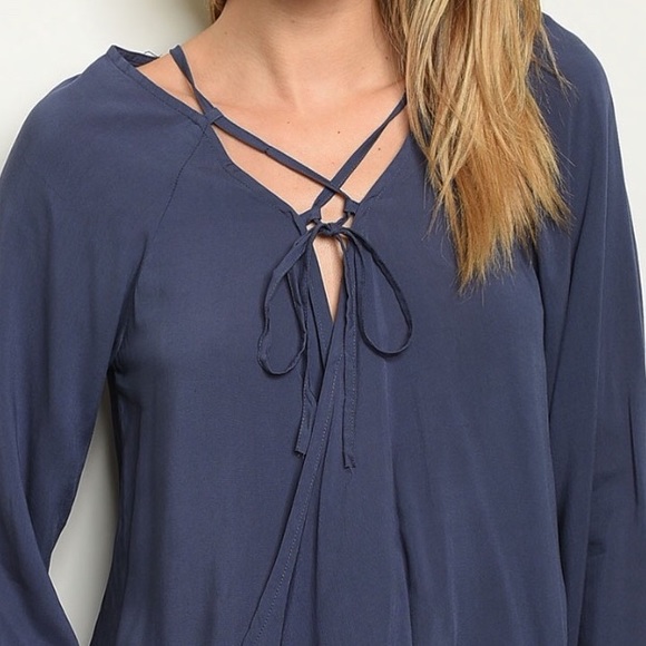 Navy Blue Drape Front Lace Up Tie Long Sleeve Top - Picture 2 of 8